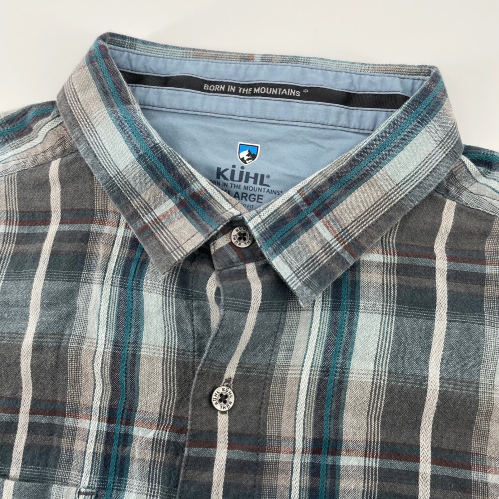 Kuhl Men's XL Tapered Fit Plaid Short Sleeve Linen Cotton Button Down Shirt Blue